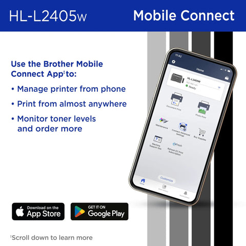 Mobile app screen showing features for Compact Wireless Monochrome Laser Printer With Mobile Printing And Alexa Compatibility For WFH Home Offices Black And White Output Up To 30 Pages Per Minute Includes Refresh Subscription Trial.