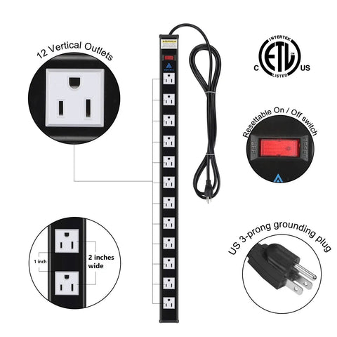 Heavy Duty 12-Outlet Surge Protector Power Strip With 9 Foot Cord 450 Joules 15 Amp Circuit Breaker For Home Office Garage Workshop And Industrial Environments ETL Listed showing outlets and features