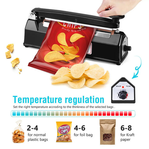 Reliable 8 Inch Bag Sealer With Impulse Heat Function For Plastic Packaging And Kitchen Storage seals a chips bag with temperature control.