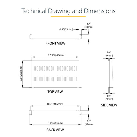 Technical drawing dimensions of Heavy Duty 1U Vented Rack Shelf For 19 Inch Server Cabinets with measurements labeled.