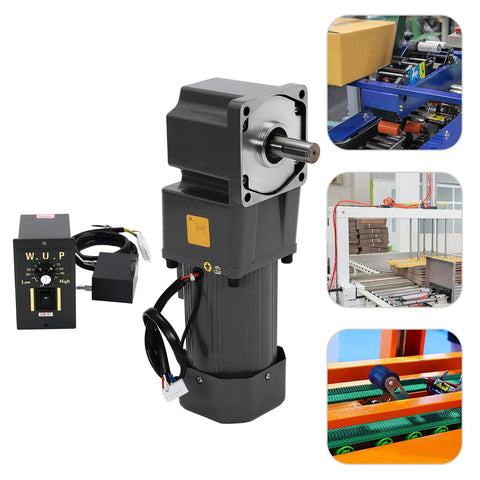 Heavy duty industrial gear motor with 90 degree output shaft and controller for high torque applications in packaging and automation.