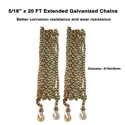 Heavy Duty Tie Down Kit With 5/16 To 3/8 Inch Chains And Ratchet Binders, 5400 Lbs Safe Working Load, 5/16 Inch By 19.6 Feet Chains With G70 Hooks