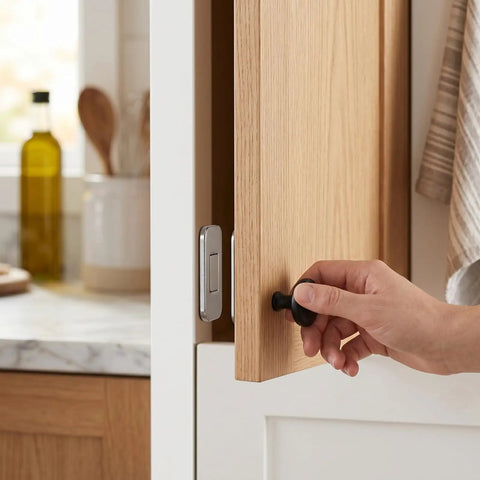 Installing No Drill Magnetic Cabinet Door Catch With Adhesive Backing on wooden cabinet in kitchen, easy install, corrosion resistant.