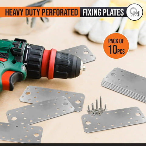 Heavy Duty Flat Joining Plates With Perforated Braces For Timber Wood And Metal Galvanized Steel Fixing Repair Connector 10 Pack alongside a drill and screws.