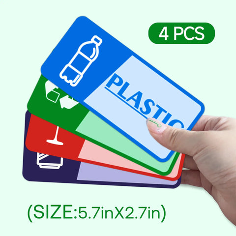 Four Pack Recycle Stickers For Trash Bins Self Adhesive Waterproof Durable And Fade Resistant Recycling Labels For Paper Glass Plastic And Cans Great For Home Office Apartment Hotel School And Public Areas shown with hand holding them