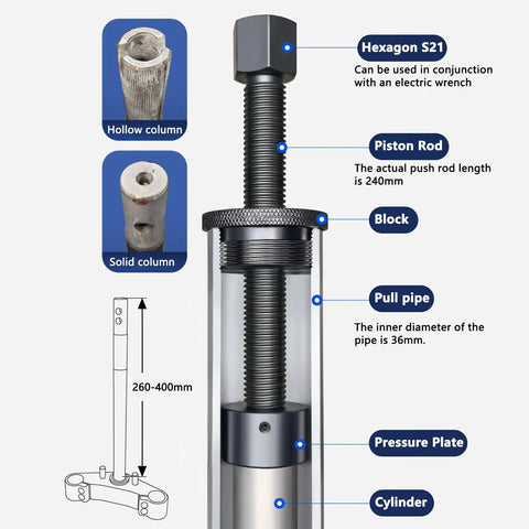 Heavy Duty Tapered Roller Bearing Puller Slick Inner Ring Remover For Motorcycle And Electric Vehicle Steering Column features hexagon S21 design and 240mm piston rod.