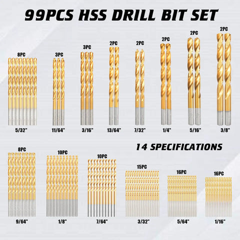 Image of Titanium Coated Drill Bit Set 99-Piece High Speed Steel Twist Bit Kit with various sizes and specifications displayed.