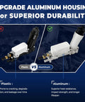 Comparison of plastic vs upgraded aluminum engine oil cooler and oil filter housing for 3.6L V6 cars, highlighting durability.