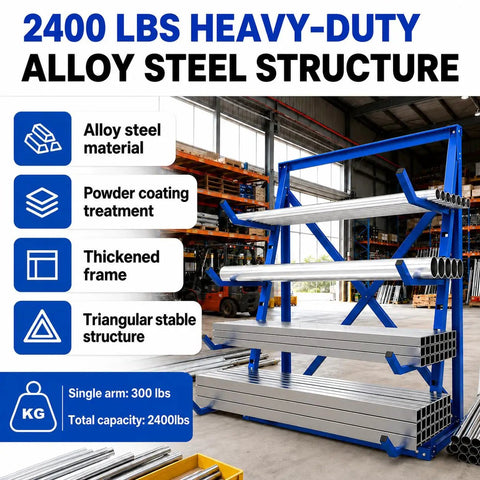 Built Like A Tank Four Tier Cantilever Rack For Heavy Lumber And Pipe Storage made from strong alloy steel supporting 2400 lbs.