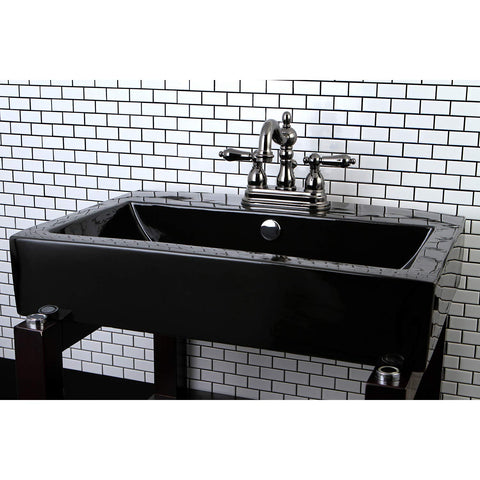4 Inch Centerset Lavatory Faucet With Brass Pop Up Drain In Black Stainless Steel Deck Mount 3 Hole Installation on black sink