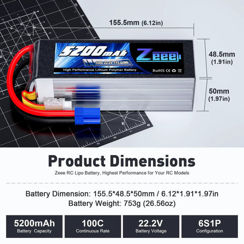 Beefy 6S 5200mAh 22.2V 100C Soft Pack LiPo Battery With EC5 Connector shown with dimensions and specifications.