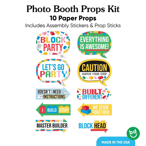 Awesome Funny Building Blocks Birthday Photo Booth Prop Kit Featuring Colorful Bricks Speech Bubbles And Arrow Signs For Super Dope Diy Party Setup Exactly Ten Pieces Chill Vibes with colorful paper props.