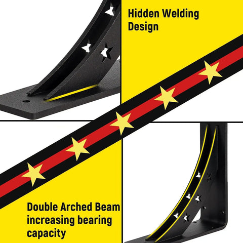 Rock Solid Heavy Duty Shelf Brackets Handle Up To 900 Lbs Matte Black with hidden welding and double arched beam design