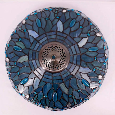 Top view of Sea Blue Stained Glass Dragonfly Lampshade Replacement 16 Inch For Table Lamps Floor Lamps Ceiling Fixtures Pendant Hanging Lights Three Hooks Home Office Decor Classic Vibe Soft Warm Glow