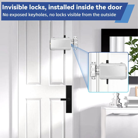 Plug And Play Smart Deadbolt Lock With Four Remote Fobs And Smartphone App For Lightning Fast Keyless Entry No Sweat Setup For Effortless Daily Home Security, showing invisible locks installed inside a door.