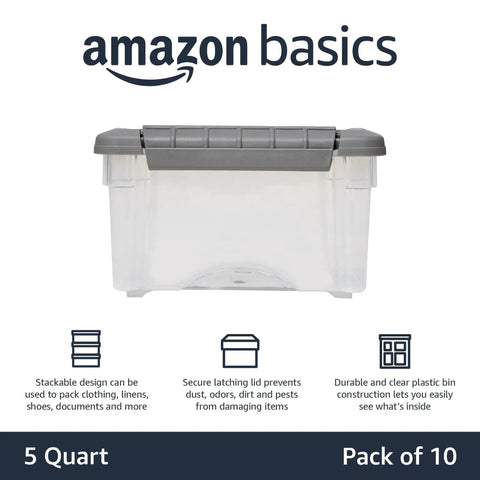 Top Shelf Stackable Storage Containers With Secure Snap Tight Lids Perfect For No Fuss Kitchen Organization And Dry Goods Keeping Clear Plastic Bins Five Quarts Size Set Of Ten, clear plastic container with gray lid.