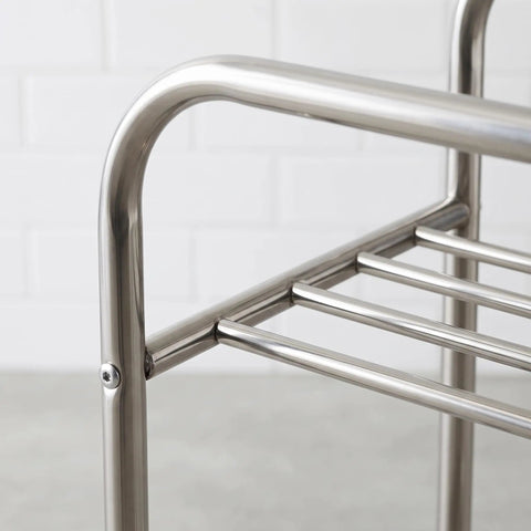 Detail of Metal Storage Rack On Wheels, floor-standing movable shelving unit corner showing rust-resistant metal finish