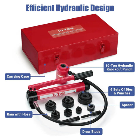 10 Ton Hydraulic Knockout Punch Set Rugged Pro Workhorse with carrying case, dies, ram, and accessories for conduit tasks.