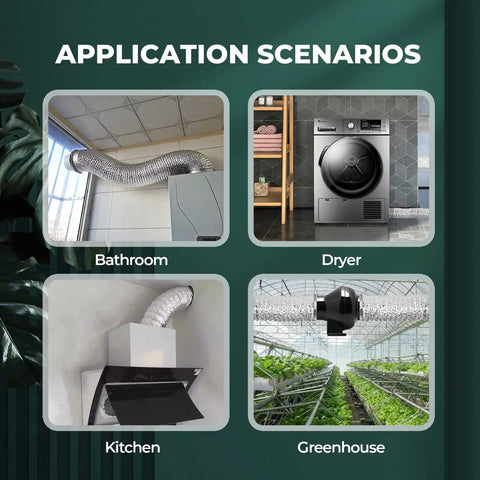 Application scenarios for Eight Pack 8 Inch Aluminum Flex Air Ducting 25 Feet Non Insulated Dryer Vent Hose.