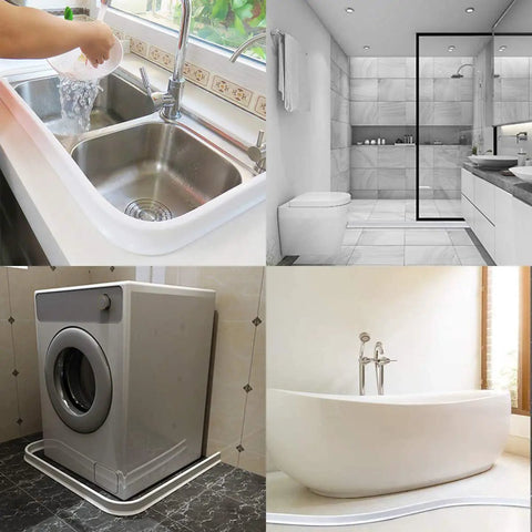 Applications of 3.5 Inch High Collapsible Shower Threshold Water Dam, used around sinks, showers, washing machines, bathtubs.