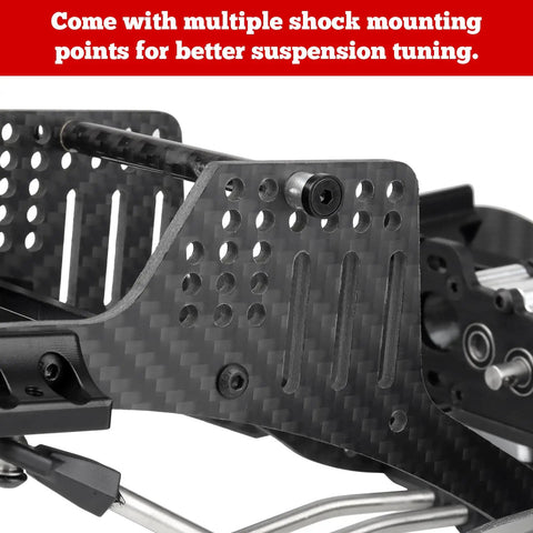 Close-up of Carbon Fiber LCG RC Chassis Kit with Transmission and Drive Shaft for SCX10 with shock mounting points