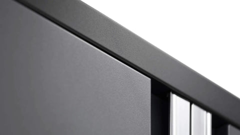 Close-up of Heavy Duty 15 Piece Garage Cabinet Set features fully welded steel shelves and sleek design for garage organization.