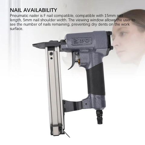 Rugged 18 Gauge Pneumatic Brad Nailer Boasting Quick Jam Release, side view showing gauge and loading mechanism.