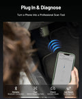 Bi Directional OBD2 Bluetooth Scanner For iPhone And Android With All System Diagnostics CAN FD AutoAuth AI Assistant And 13 Plus Hot Reset Car Scanner Upgraded Code Reader Game Changer in use with phone showing diagnostics interface