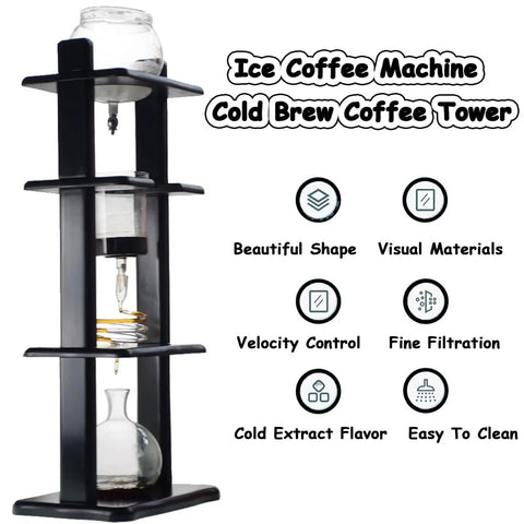 Smooth Sip Premium Ice Drip Coffee Maker For Cold Brew Tower With Pine Wood And Glass Holds 5 To 8 Cups, showcasing unique design.