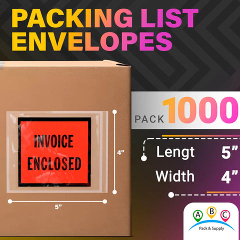 Top Shelf 4x5 Packing List Envelopes With Red Invoice Face and Easy Peel Seal Closure on a cardboard box.
