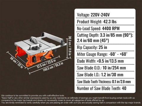 10 Inch Electric Table Saw Rips Wood And Plastics Like Butter With Powerful Motor Dust Port And 25 Inch Rip Capacity, detailed specs.