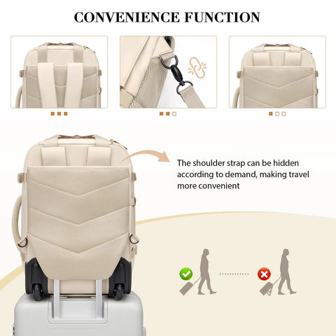 Back of apricot rolling laptop backpack for travel showing hidden straps and suitcase compatibility