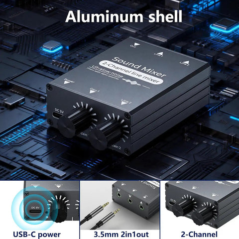 Two Channel 3.5mm Stereo Audio Mixer with Dual Volume Knobs Aluminum Shell 2 in 1 Out, shown on electronic circuit background