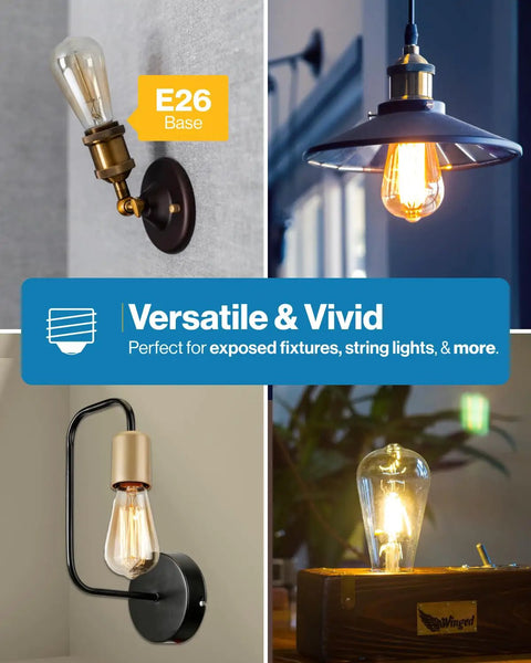 Clear Vintage Filament LED ST64 Waterproof Bulbs, 800 Lumens, 8.5W, used in wall, ceiling, and table fixtures showcasing retro glow