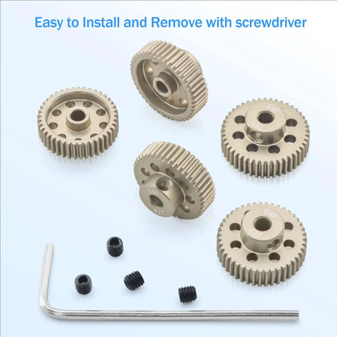 Badass Upgrade For Your Rig With Precision CNC Surface Hardened 64P Aluminum Pinion Gears For 1/10 Scale RC Cars Featuring 3.175mm Shafts Plus Hex Tool And Smooth Gearing 41T To 45T, displaying 5 gears with varying teeth and installation tools.