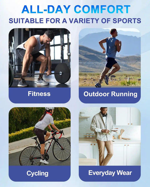 Image of Copper Infused Ankle Brace Compression Sleeve For Men And Women Foot Pain Relief Sprain Recovery Achilles Tendonitis Support Daytime Or Night Use Lightweight Breathable 3D Knit Ergonomic Design showing activities: fitness, outdoor running, cycling, and everyday wear.