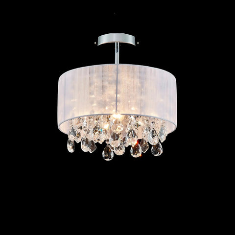 Dope Modern Crystal Chandelier Ceiling Light Fixture With White Fabric Shade And Chrome Finish, 13 Inch Diameter By 14 Inch Tall