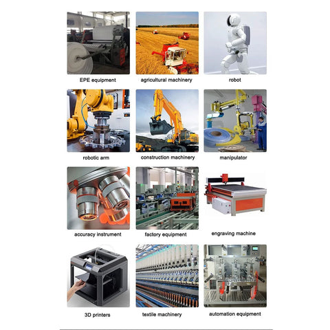 Collage of automation equipment including 3D printers, robotic arms, and precision machinery, ideal for linear ball bearings for 3D printers.