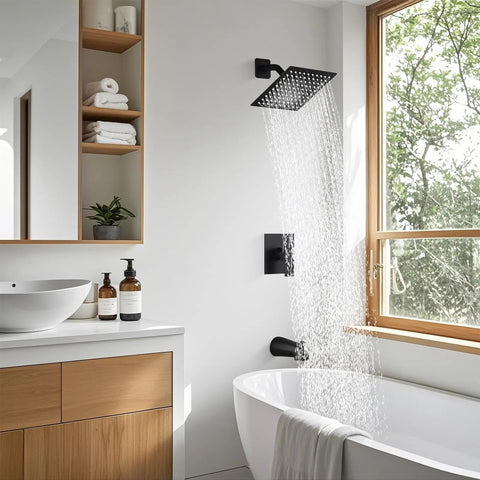 Top Shelf 8 Inch Square Rainfall Shower Head And Matte Black Faucet Set With Tub Spout, Wall Mount Bath Kit featuring elegant water flow.