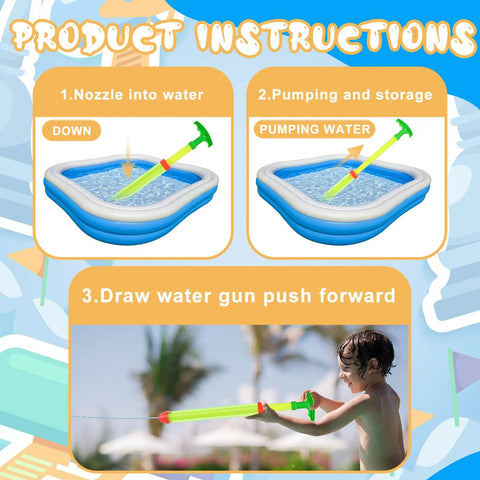 Product instructions with child using 36 Pack Crayon Water Guns 16 Inch Long Water Shooters With Easy Grip Handles Totally Random Color Variants.