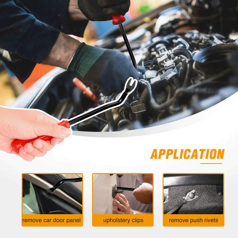 Mechanic using Universal Car Fastener Kit With 635 Piece Push Retainer Clips And Auto Fasteners Set to remove car door panel and clips