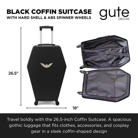 Black gothic coffin carry-on luggage with hard shell and spinner wheels