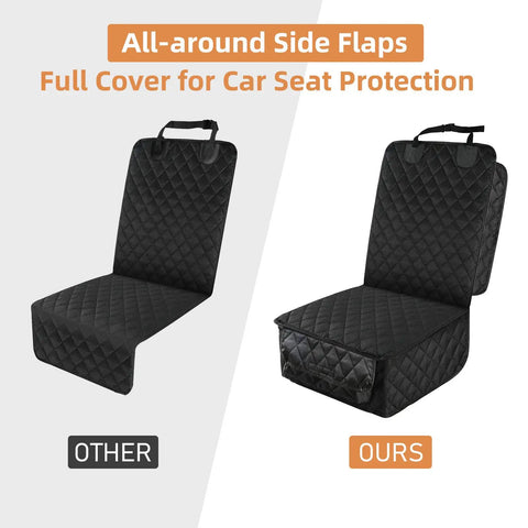Comparison of two black car seat covers with all-around side flaps. Waterproof Front Seat Car Cover 2 Pack With Side Flaps Nonslip Scratchproof Captain Chair Seat Protector For Cars Trucks SUVs Jeep Dog Hair Protection Easy Clean.