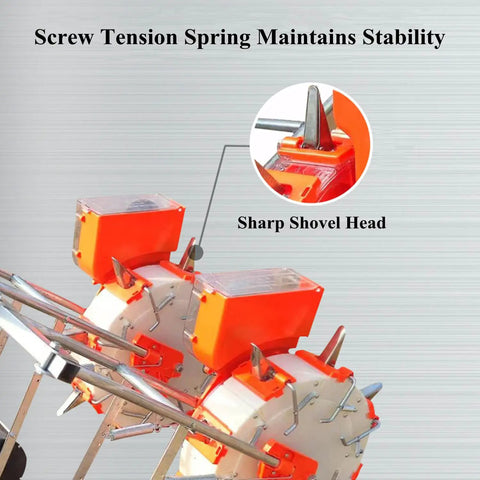 Close-up of Walk Behind Garden Seeder Six Hole Seed Spreader Hand Push Planter with sharp shovel head and screw tension spring.