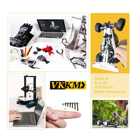 Tools and RC car on table with 3D model display, showcasing 144 Piece M5 M6 Socket Head Cap Screws Kit With Nuts, Washers, And Allen Wrench In Black Carbon Steel, Heavy Duty Fasteners Set For DIY, Automotive, And Mechanical Projects.