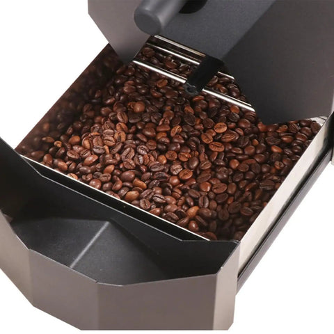 Electric Coffee Bean Roaster Featuring Slick Roast Curves And Kickass Roller Heating Core Perfect For Home Bars And Food Truck Crews Pulling Dope Fresh Beans Daily Your Way with roasted beans visible in tray.