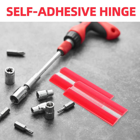 Clear Acrylic Self Adhesive Hinge Set Four Pack Adjustable Folding Hinges For Cabinets And Doors shown with tools on table