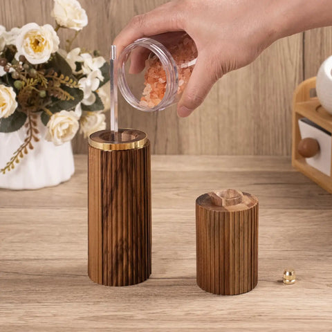 Refilling Two Pack Acacia Wood Salt And Pepper Grinder Set With Refillable Design Adjustable Ceramic Core Gold Stainless Steel Accents