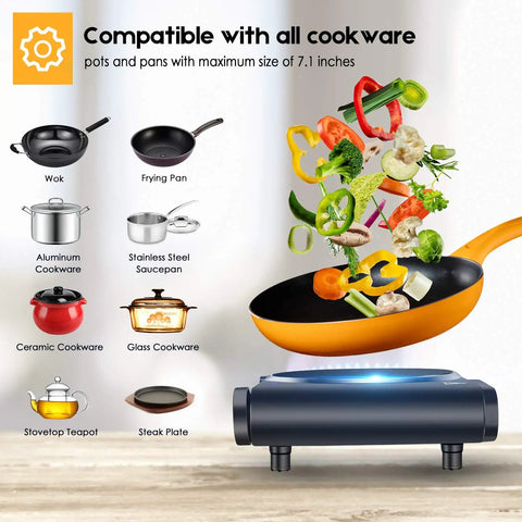 Diagram showing cookware compatibility with Portable 1200W Infrared Electric Stove With Quick Heat 7 Inch Ceramic Glass Burner