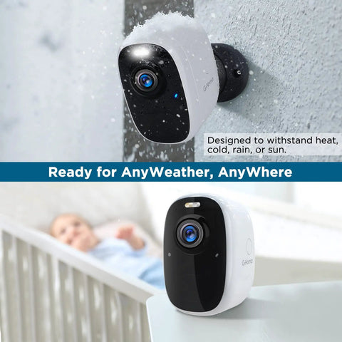 Wireless Outdoor Security Camera 2.5K Ultra HD, 4MP Color Night Vision mounted outdoors, showing weatherproof design.